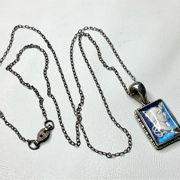 Antique Deco Sterling Butterfly Wing Cameo Necklace England - Picture 2 of 10